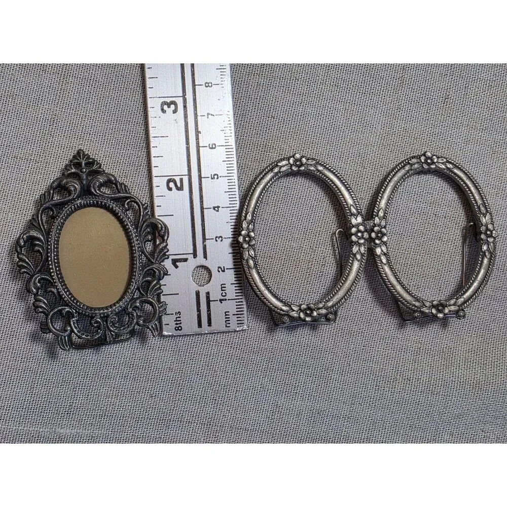 Vintage Silver Miniature Ornate Metal Picture Frame Set Single & Double Oval